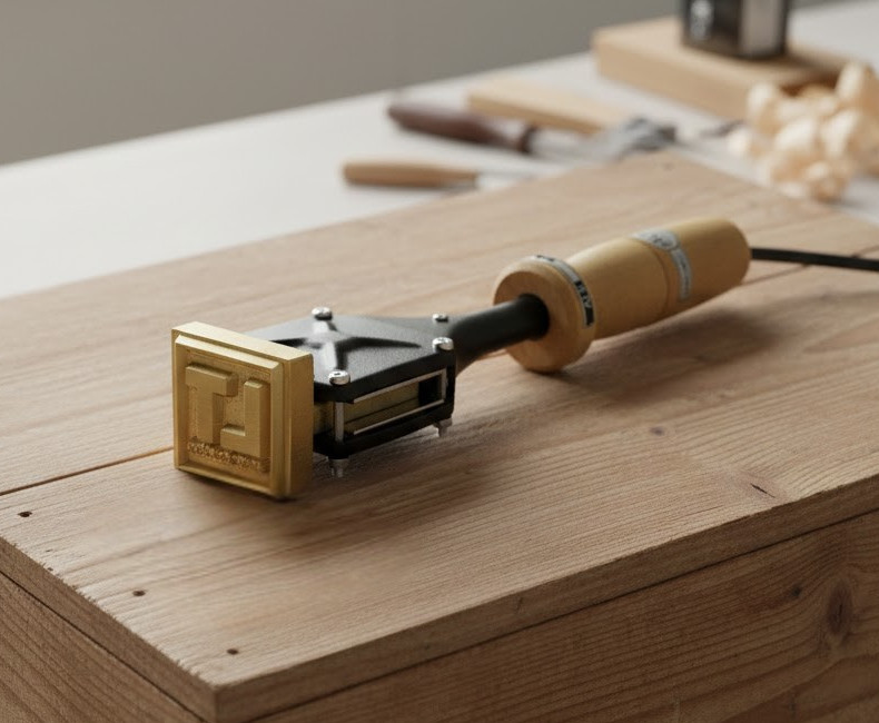 Brandstempel met brandmerk op hout