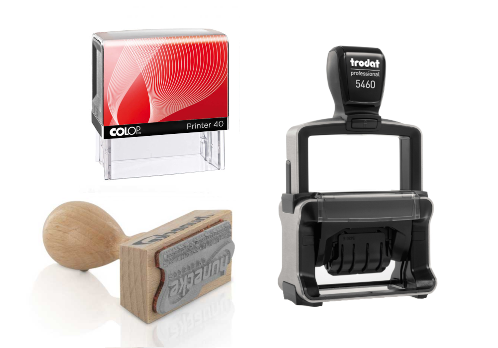 Een Colop Printer 40 stempel, Trodat Professional en een houten handstempel